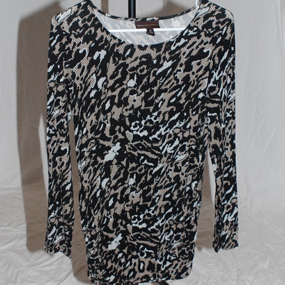 Dana Buchman Womens Medium Snake Skin Pattern Black tan cream Long Shirt EUC